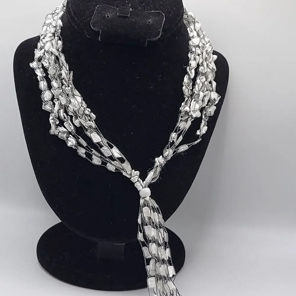 Black and White Scarf Necklace 34in